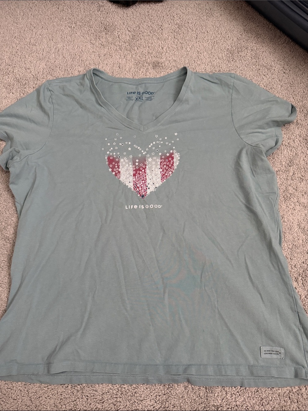 Life Is Good Sage Green V-Neck Tee with Heart Graphic